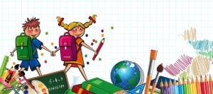 Cartoon image of students and school supplies