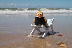 Photo of plastic duck reading a book at the beach.